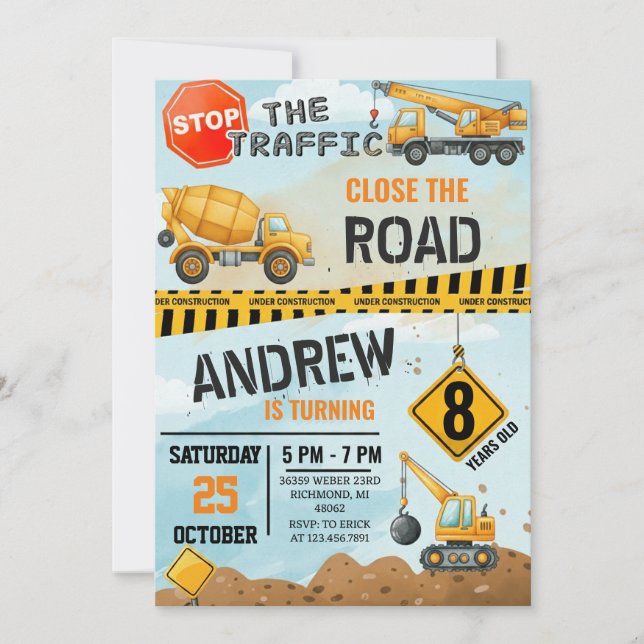 Invitation Pesonal Modern Construction Birthday Extravaganza (Devant)