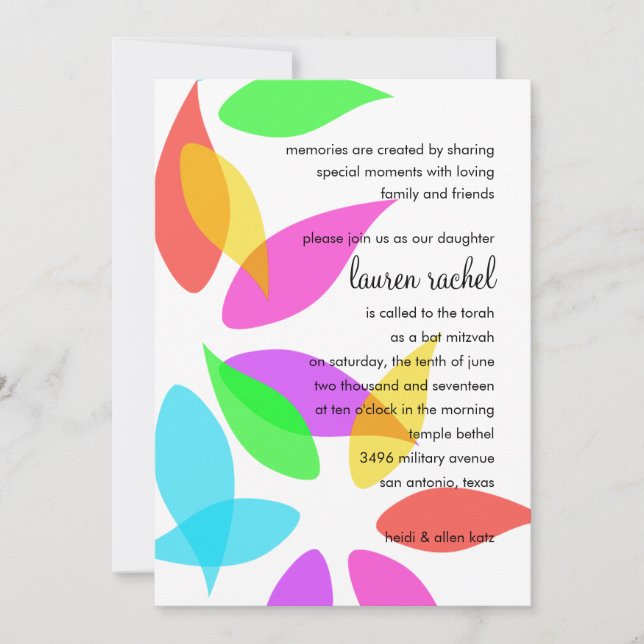 Invitation Pétales colorés bat mitzvah (Devant)