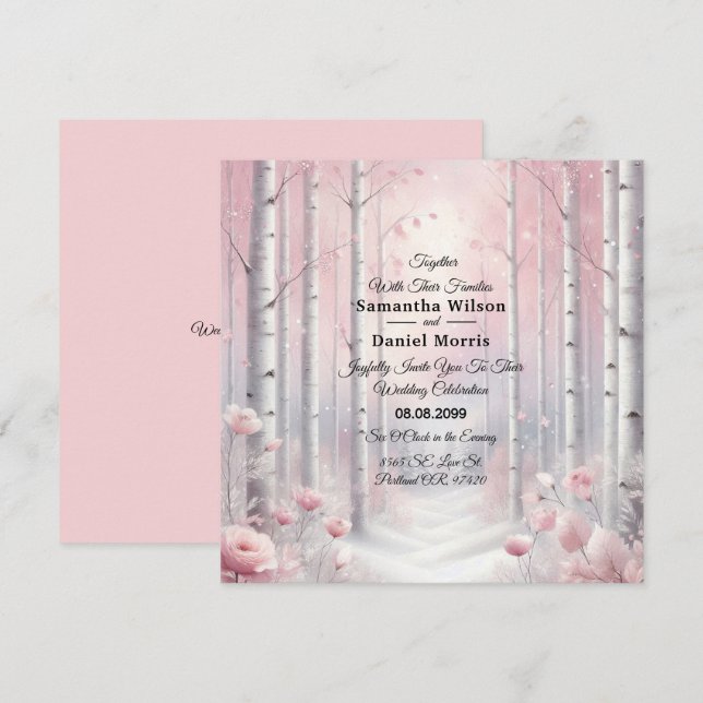 Invitation Pétales congelés dans un Mariage de bois hivernal (Devant / Derrière)