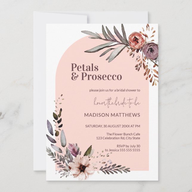 Invitation Pétales d'arc et Fête des mariées florale rose Pro (Devant)