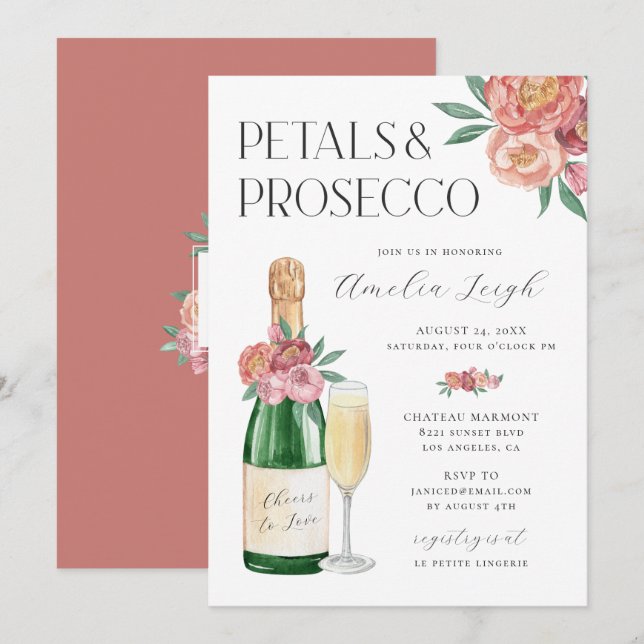 Invitation Pétales de rose et prosecco rose floral (Devant / Derrière)