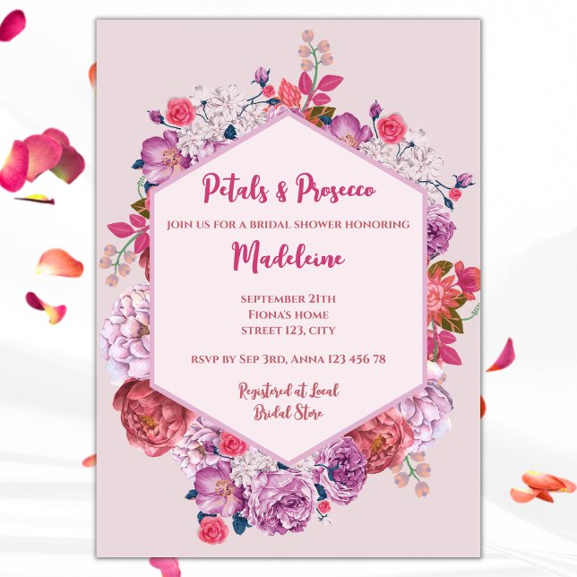 Invitation Pétales Et Fête des mariées Florale De Prosecco (petals and prosecco bridal shower invitation pink floral wreath)