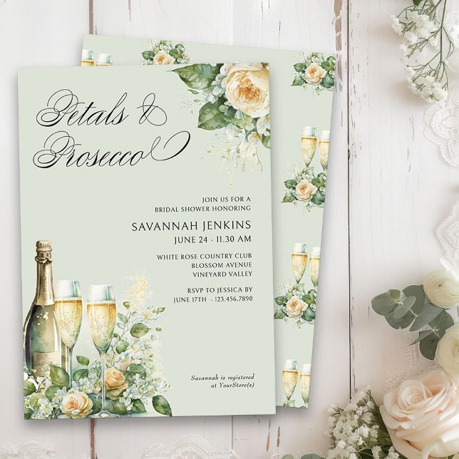 Invitation Pétales et le ministère public Pêcher Fête des mar (Petals & Prosecco Floral Bridal Shower invitation on sage green)