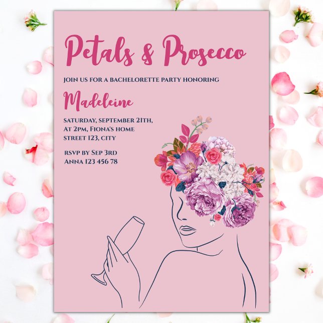Invitation Pétales Et Parrain Floral Wreath Bachelorette (petals and prosecco bachelorette party invitation floral wreath pink purple)