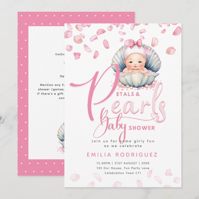 Invitation Pétales et perles Pink Baby Girl Douche (Devant / Derrière)
