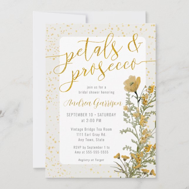 Invitation Pétales et Procuco Jaune Douche nuptiale Invitatio (Devant)
