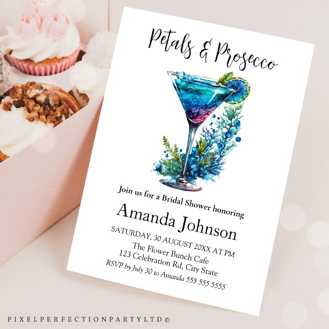 Invitation Pétales et Prosecco Bleu Floral Blush Fête des mar (Créateur téléchargé)