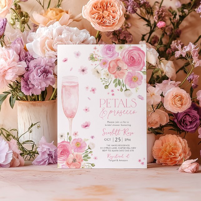 Invitation Pétales Poursuivre Fête des mariées Amour En Fleur (Petals and Prosecco Pink Purple Bridal Shower Invitation)