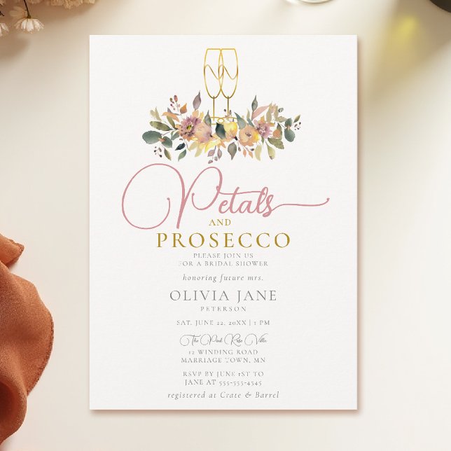 Invitation Pétales Poursuivre Fleurs de récolte Fête des mari (fall bridal shower invitation petals and prosecco floral watercolor elegant calligraphy)