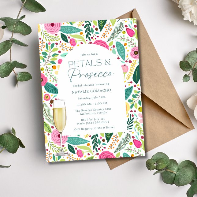 Invitation Petals et Prosecco Floral Fête des mariées Party (Petals and Prosecco Floral Bridal Shower Party Invitation)