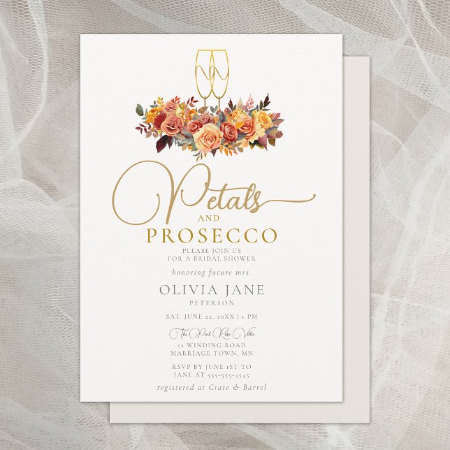 Invitation Petals Prosecco Automne Roses Automne Fête des mar (petals prosecco fall leaves roses bridal shower invitation elegant rustic boho autumn gold botanical)