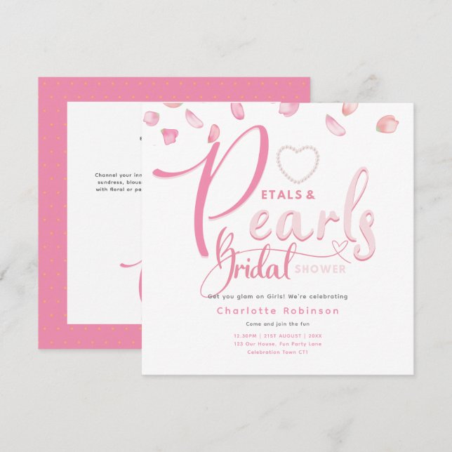 Invitation PETAUX ET PERLES Fête des mariées Chic Glam rose (Devant / Derrière)