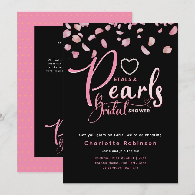 Invitation PETAUX ET PERLES Fête des mariées rose noir chic (Devant / Derrière)