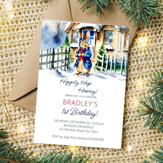 Invitation Peter lapbit hiver thème anniversaire modèle de fê (Peter Rabbit winter birthday party editable template invitation digital download watercolor cute)