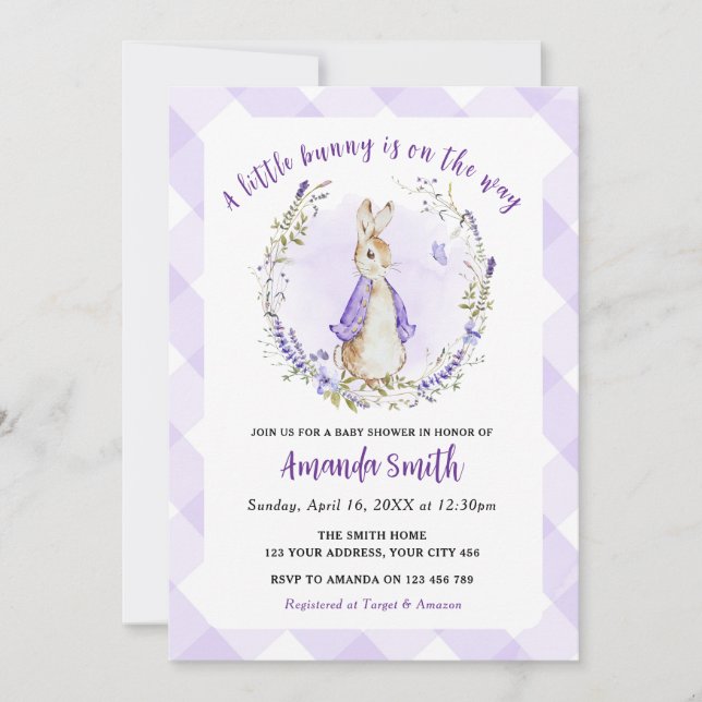 Invitation Peter Rabbit Baby shower violet (Devant)