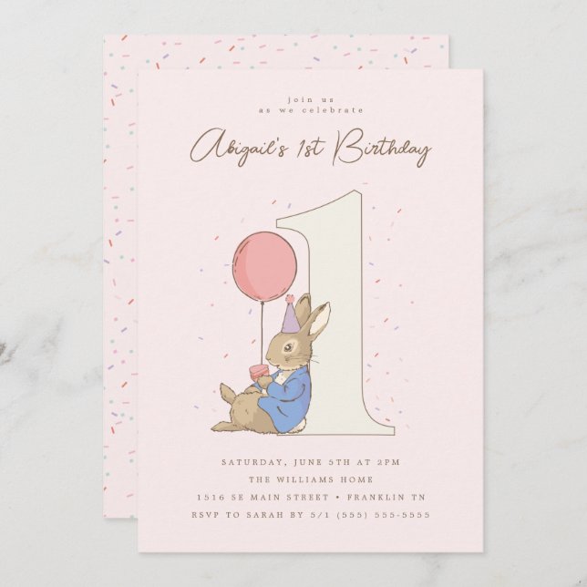 Invitation Peter Rabbit fille 1er anniversaire Confetti rose (Devant / Derrière)