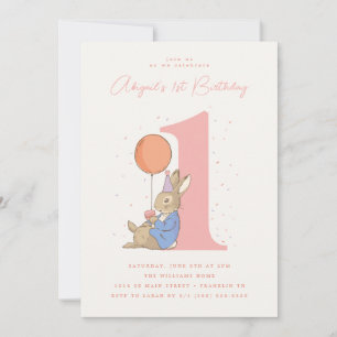 Invitation Peter Rabbit fille 1er anniversaire Confetti rose
