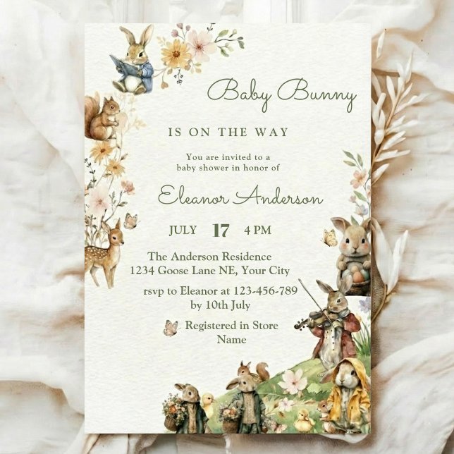 Invitation Peter Rabbit watercolor flower animal baby shower (Créateur téléchargé)