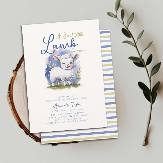 Invitation Petit agneau doux Baby shower Whimsical Blue Boy (little lamb boy baby shower invitation watercolor cute character adorable sweet blue green elegant)