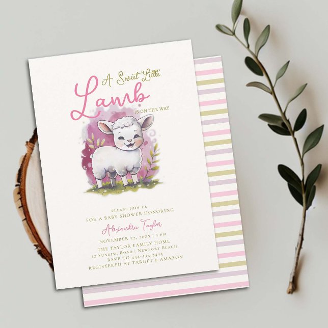 Invitation Petit Agneau doux Whimsical rose Baby shower fille (happy sweet little lamb girl baby shower invitation whimsical cute watercolor illustration pink)