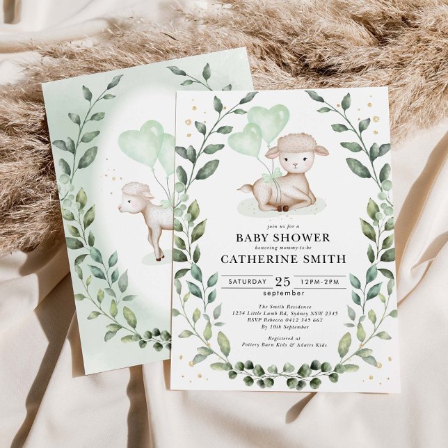 Invitation Petit agneau Eucalyptus Verdure Baby shower de cou (Créateur téléchargé)