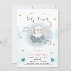 Invitation Petit agneau Mouton Nuage Lune Étoiles Baby shower