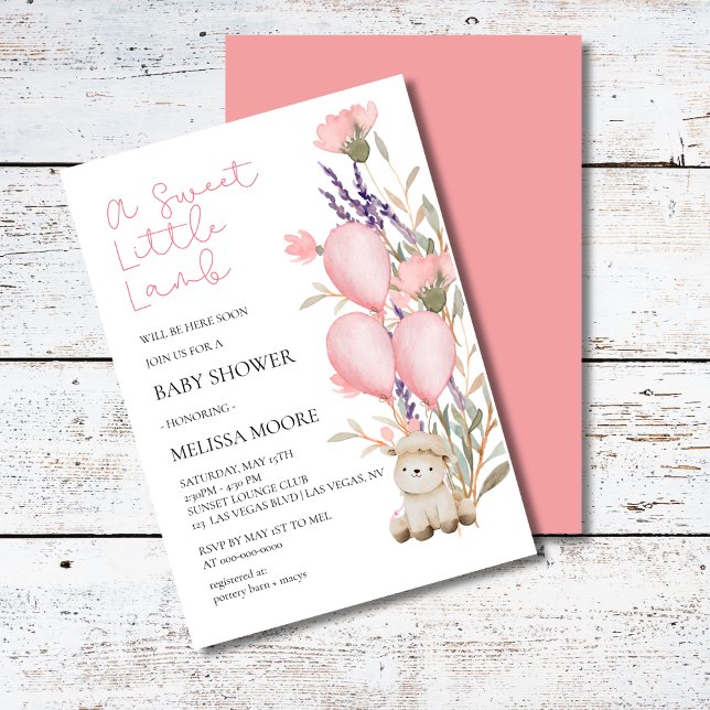 Invitation Petit agneau rose doux ballon fleur sauvage (Créateur téléchargé)
