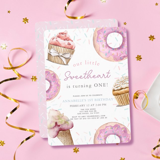 Invitation Petit amour Cupcake rose Donut 1er anniversaire (Créateur téléchargé)