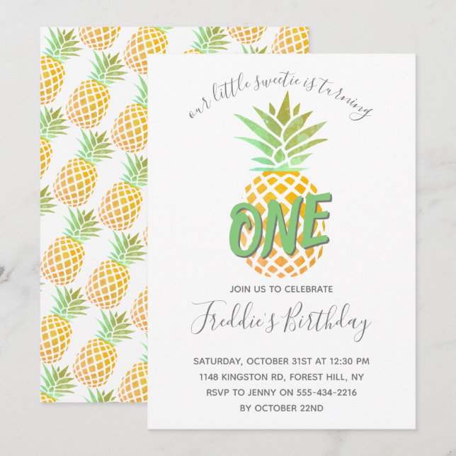 Invitation Petit ananas 1er anniversaire (Devant / Derrière)