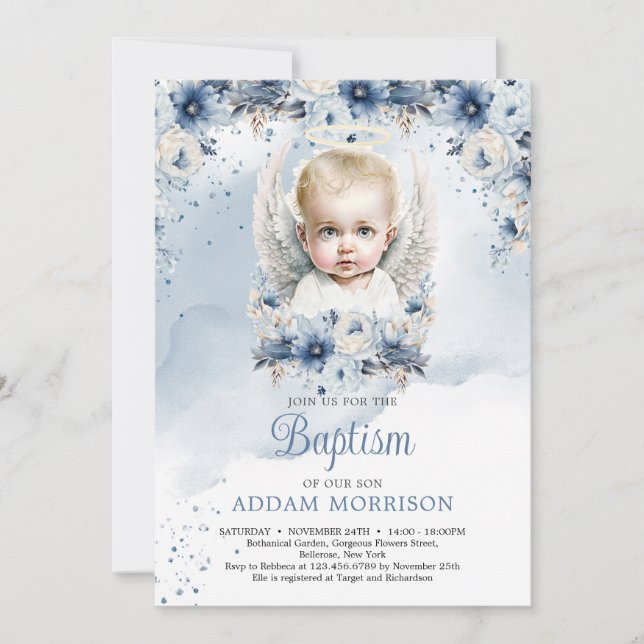 Invitation Petit ange garçon et couronne florale bleu poussié (Devant)