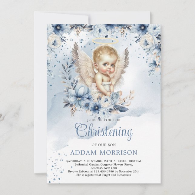 Invitation Petit ange garçon et couronne florale bleu poussié (Devant)