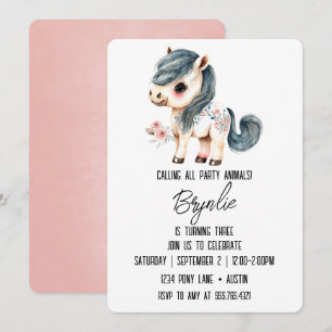 Invitation Petit Anniversaire Poney mignon Cheval Blanc Rose