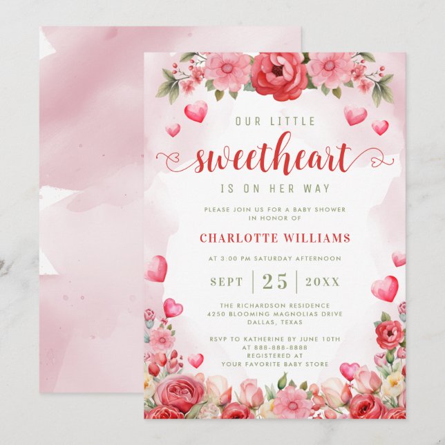 Invitation Petit Baby shower amoureux Coeurs floraux mignonne (Devant / Derrière)