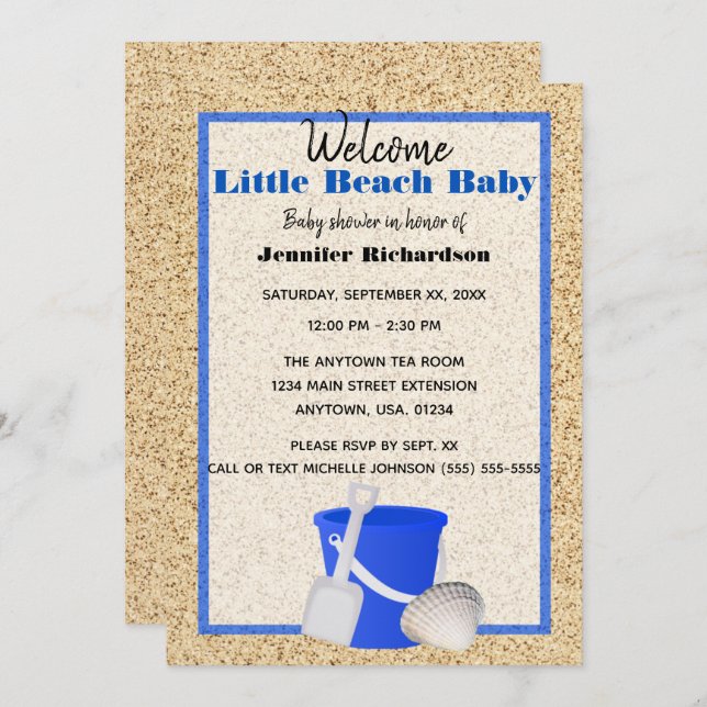 Invitation Petit Baby shower Bébé de plage de sable bleu (Devant / Derrière)
