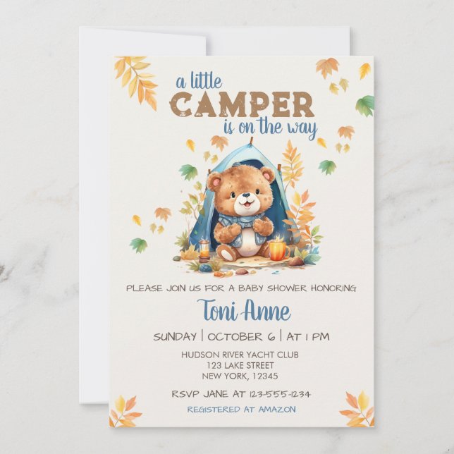 INVITATION PETIT BABY SHOWER CAMPING BLEU WATERCOLOR (Devant)