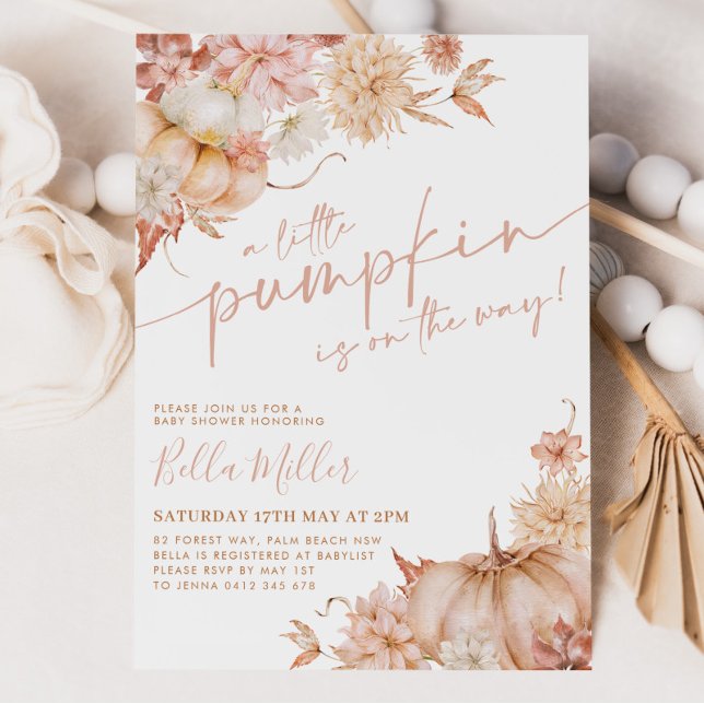 Invitation Petit Baby shower Citrouille Automne Rose Floral (A little pumpkin is on the way! Matching items available.)