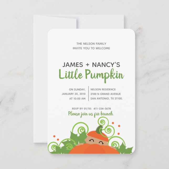 Invitation petit BABY SHOWER citrouille garçon fille teinte f (Devant)