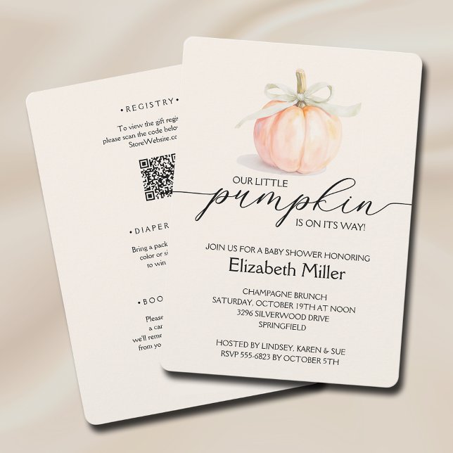 Invitation Petit Baby shower Citrouille Ivory Bow tout en un (Ivory ribbon bow little pumpkin gender neutral baby shower all in one invitations)