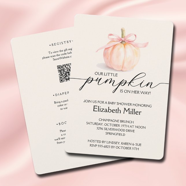 Invitation Petit Baby shower Citrouille Rose Bow Tout En Un (Pink ribbon bow little pumpkin girl baby shower all in one invitations)