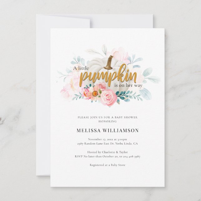 Invitation Petit Baby shower Citrouille rose Floral (Devant)