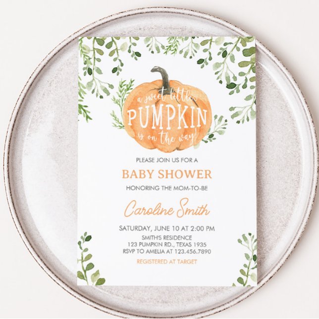 Invitation Petit Baby shower Citrouille verdoyant (A Sweet Little Pumpkin is on the Way Baby Shower Invitation)