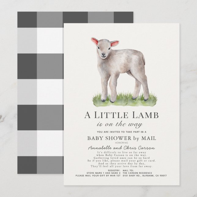 Invitation Petit Baby shower d'agneau par courrier (Devant / Derrière)