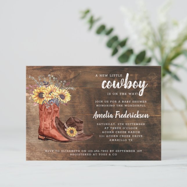 Invitation Petit Baby shower de bottes de cowboy (Debout devant)