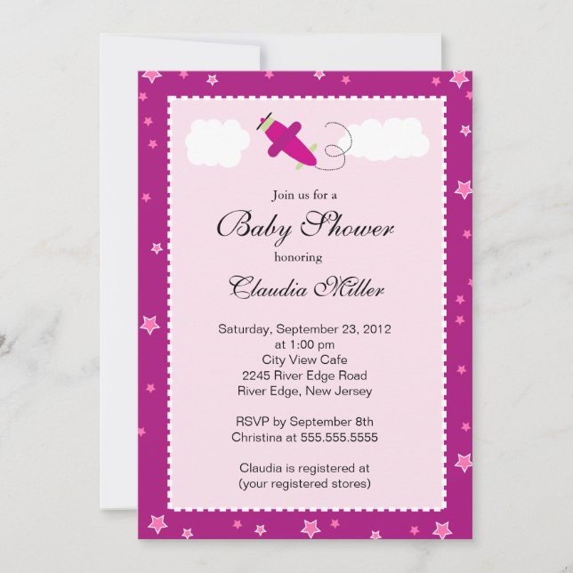 Invitation Petit Baby shower de garçon d'avion rose (Devant)