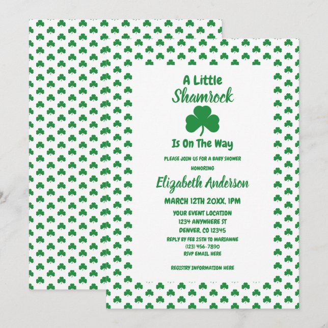Invitation Petit Baby shower de la Saint Patrick Shamrock (Devant / Derrière)