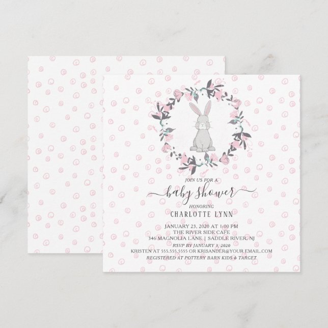 Invitation Petit Baby shower de lapin doux (Devant / Derrière)