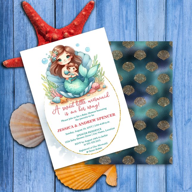 Invitation Petit Baby shower de sirène (Sweet little baby mermaid baby shower invite front and back view.)