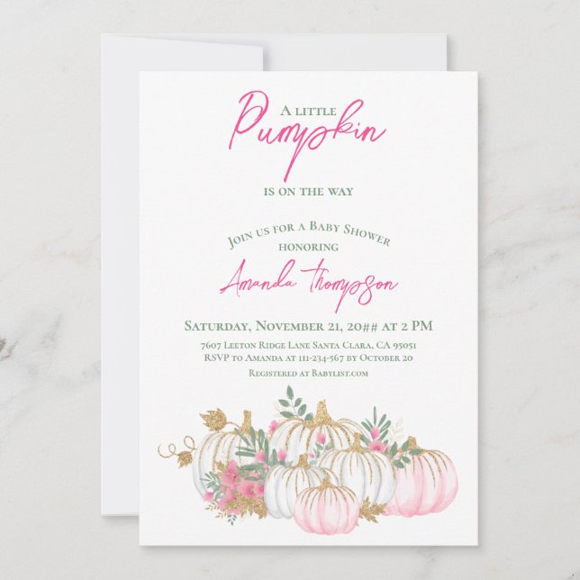 Invitation Petit Baby shower de verdure rose pâle Citrouille (Devant)