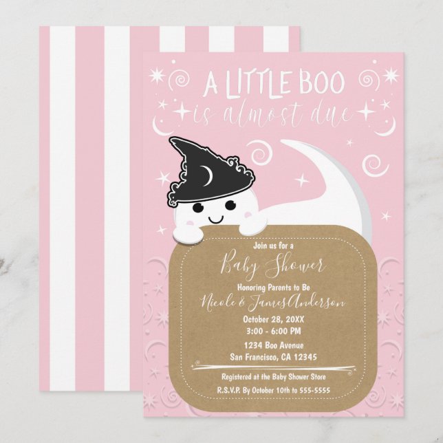 Invitation Petit Baby shower d'Halloween rose de sorcière de  (Devant / Derrière)