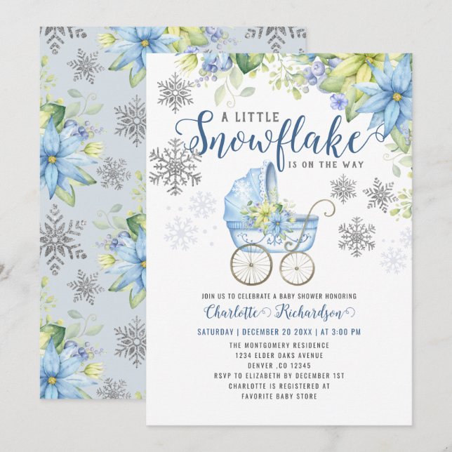 Invitation Petit Baby shower d'hiver floral bleu Snowflake (Devant / Derrière)